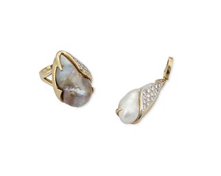 Two pearl and diamond jewelry items