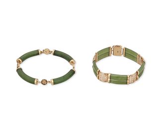 Two gold and jade bracelets