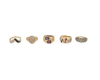 A group of five gemstone and diamond rings