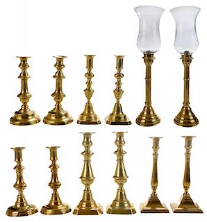 Six Pairs Brass Candlesticks, One with