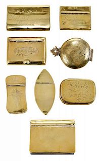 Seven Brass Snuff Boxes and a Bronze