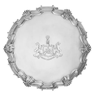* A George II Silver Salver, William Preston, London, 1752, engraved at the center with a coat of arms having a peacock crest an