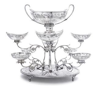 A George III Silver Epergne, Thomas Pitts, London, 1788, with eight foliate scroll branches issuing floriform collars supporting