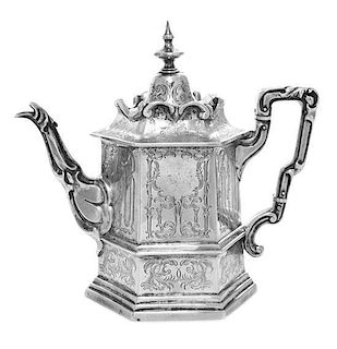 A Victorian Silver Teapot, Joseph Angell & Joseph Angell Jr., London, 1844, of paneled hexagonal form, the hinged and domed cove
