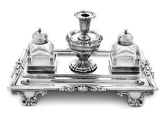 * An English Silver-Plate Inkstand Width 9 1/2 inches.