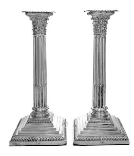 A Pair of English Silver-Plate Candlesticks, Ellis-Barker Co., Birmingham, 20th Century, each in the form of a fluted Corinthian