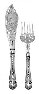 A Victorian Silver Fish Serving Set, Atkin Brothers, Sheffield, 1861, comprising a knife and a serving fork, each having a folia