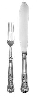 A Victorian Silver-Plate Dessert Service, Elkington & Co., 1883, comprising twelve dessert knives and twelve dessert forks, the