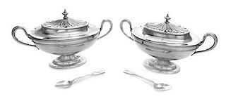 * A Pair of English Silver-Plate Sauce Tureens, 19th Century, each removable cover with an urn form finial, a crown of leaves an