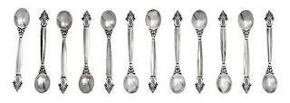 A Set of Twelve Danish Silver Salt Spoons, Georg Jensen Silversmithy, Copenhagen,, Acanthus pattern.