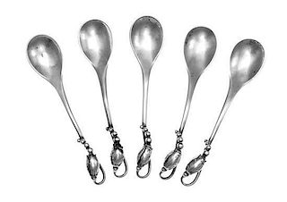 Five Danish Silver Demitasse Spoons, Georg Jensen Silversmithy, Copenhagen, in the Blossom pattern.