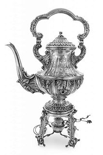 An Italian Silver Water Kettle on Lamp Stand, Likely Antonio Braganti, Florence, the kettle with engraved and repousse foliate a