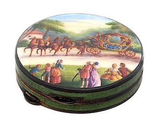 An Austrian Enameled Silver Compact, , of circular form, the lid decorated with a carriage scene, opening to a fitted and mirror