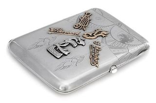 A Russian Silver Cigarette Case, Mark of Ivan Kaltikov, Moscow, the lid with a repousse decorated troika scene, the underside an