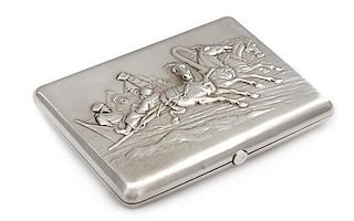 A Russian Silver Cigarette Case, Maker's Mark Cyrillic VN, Moscow, the lid with engraved geometric decoration and an applied mon