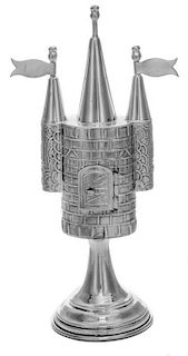 A Continental Silver Spice Tower, 20th Century, of castle form with three spires, raised on a trumpet base.