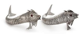 * A Pair of Spanish Silver Models of Fish, Maker's Mark M.G., 20th Century, each having a fully articulated body with red-glass