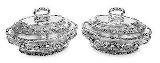 * A Pair of American Silver Tureens, Theodore B. Starr, New York, NY, both chased with roses and foliate scrolls, engraved with