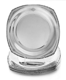 Twelve American Silver Dinner Plates, R. Wallace and Sons, Wallingford, CT, of square form with rounded sides, the rims worked t