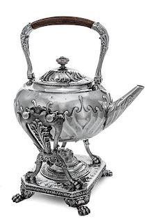 * An American Silver Kettle on Stand , Tiffany & Co., New York, NY, Late 19th Century , having an ebonized wood mounted swing ha
