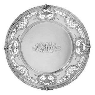 An American Silver Commemorative Charger, Redlich & Company, New York, NY, having a bundled reed and foliate decorated rim surro