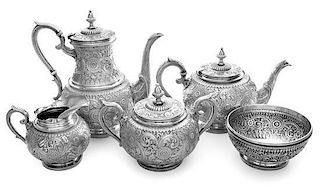 An American Silver Five-Piece Tea and Coffee Service, Gorham Mfg. Co., Providence, RI, 1881, comprising a teapot, a coffee pot,