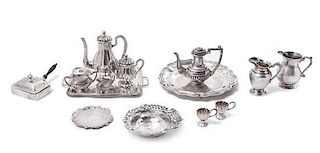 A Collection of Miniature Silver Table Articles, Various Makers, comprising two trays, two teapots, two water pitchers, a covere