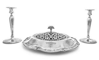 An American Silver Center Bowl and Candlesticks, Towle Silversmiths, Newburyport, MA, in the Louis XVI pattern, with a removable