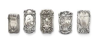 Five American Silver Vesta Cases, Various Makers, each of shaped rectangular form, comprising four examples with floral and foli