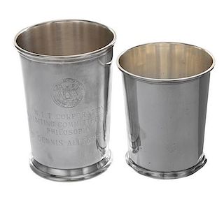 An American Silver Julep Cup, M. Fred Hirsch Co., Jersey Cty, NJ, of squat form, together with a Reed & Barton silver-plate exam