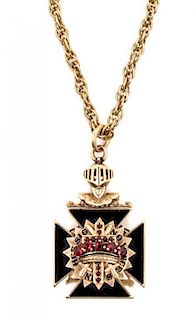 A Yellow Gold, Diamond, Garnet and Polychrome Enamel 32nd Degree Masonic Knights Templar Pendant 16.90 dwts.