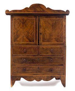 A Diminutive Burlwood Dresser Cabinet Height 21 x width 16 1/2 x depth 7 1/2 inches.