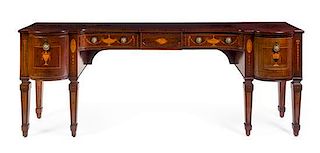 A George III Marquetry and Mahogany Sideboard Height 35 1/2 x width 93 1/2 x depth 23 3/4 inches.