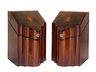 A Pair of George III Mahogany Knife Boxes Height 14 x width 8 3/4 x depth 12 inches.