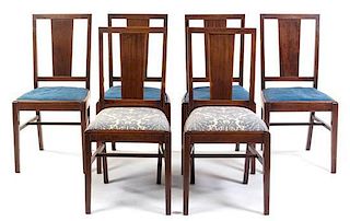 A Set of Six Hepplewhite Style Fruitwood Banded Mahogany Dining Chairs Height 36 1/2 inches.