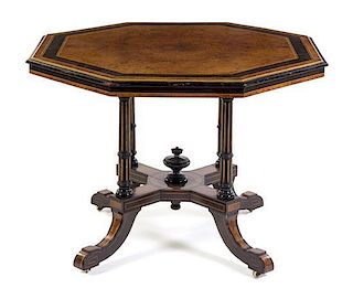An Aesthetic Movement Burlwood, Ebony and Marquetry Center Table Height 29 3/8 x width 41 x depth 41 inches.