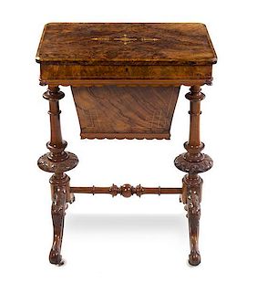 * A Victorian Burl Walnut and Marquetry Sewing Table Height 28 7/8 x width 21 x depth 15 1/4 inches.