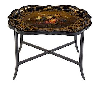 A Victorian Black Lacquered, Gilt and Polychrome Painted Papier Mache Tray on Stand Width of tray 31 inches.