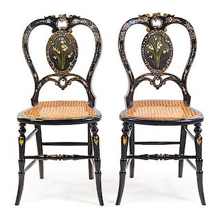 A Pair of Victorian Black Lacquered, Painted and Mother-of-Pearl Inlaid Balloon Back Side Chairs Height 32 1/4 inches.