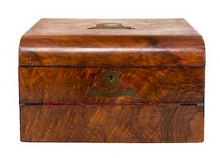 * An English Brass Inlaid Burlwood Writing Box Height 6 3/4 x width 12 x depth 9 inches.