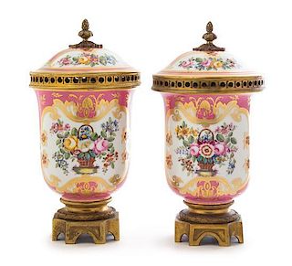 * A Pair of Rockingham Porcelain Gilt Bronze Mounted Cache Pots Height 9 1/4 inches.