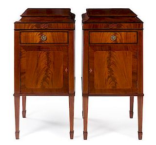 A Pair of Edwardian Style Mahogany Side Cabinets Height 41 1/4 x width 20 x depth 20 1/2 inches.