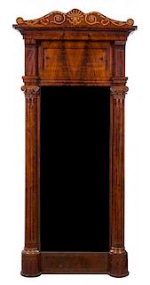 An Edwardian Fruitwood Marquetry Mahogany Mirror Height 67 1/2 x width 31 inches.
