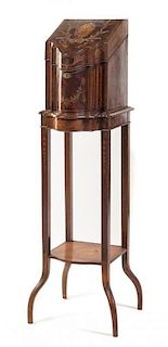 * An Edwardian Marquetry Mahogany Letter Box and Stand Height overall 49 1/2 inches.