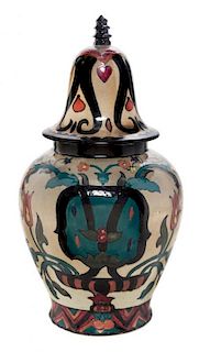 A Royal Couldon Cairoware Covered Vase Height 14 inches.