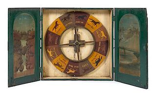 An American Folk Art Horse Racing Game Height of case 27 1/4 x width 27 1/4 inches.