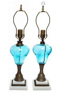 * A Pair of American Etched Glass and Marble Table Lamps Height 22 1/2 inches.