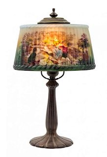 An American Reverse Painted Boudoir Lamp Height 15 1/2 inches x width of shade 9 1/4 inches.