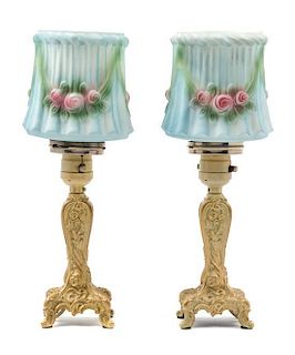 A Pair of American Reverse Painted Boudoir Lamps Height 12 inches.