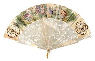 A Group of Three French Mother-of-Pearl and Lace Fans Length of first 10 inches.